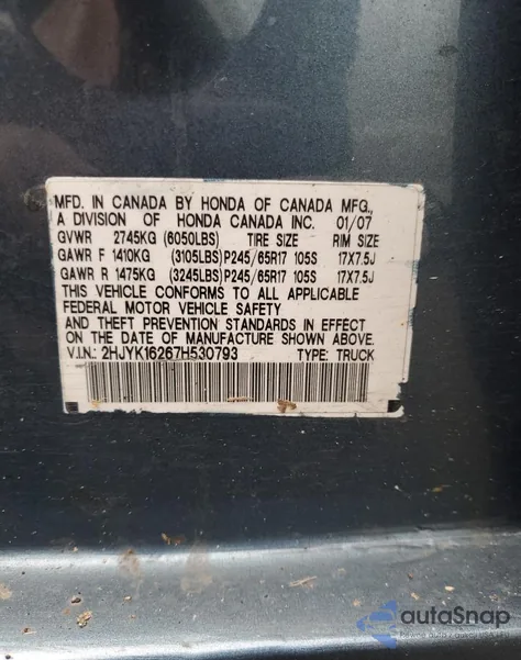 2007 Honda Ridgeline Rt from USA, damaged, VIN 2HJYK16267H530793